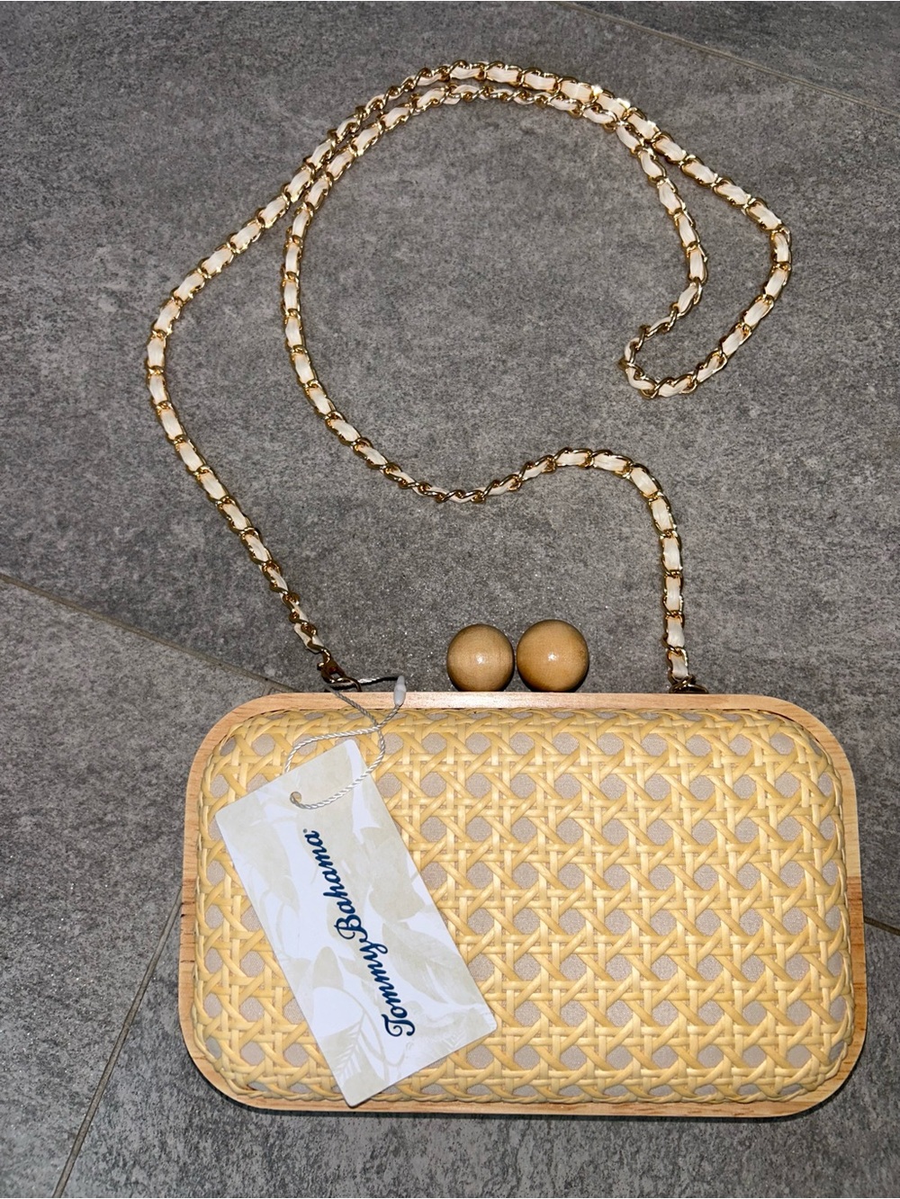 Tommy Bahama Woven Beige Rattan Clutch with removable chain shoulder strap